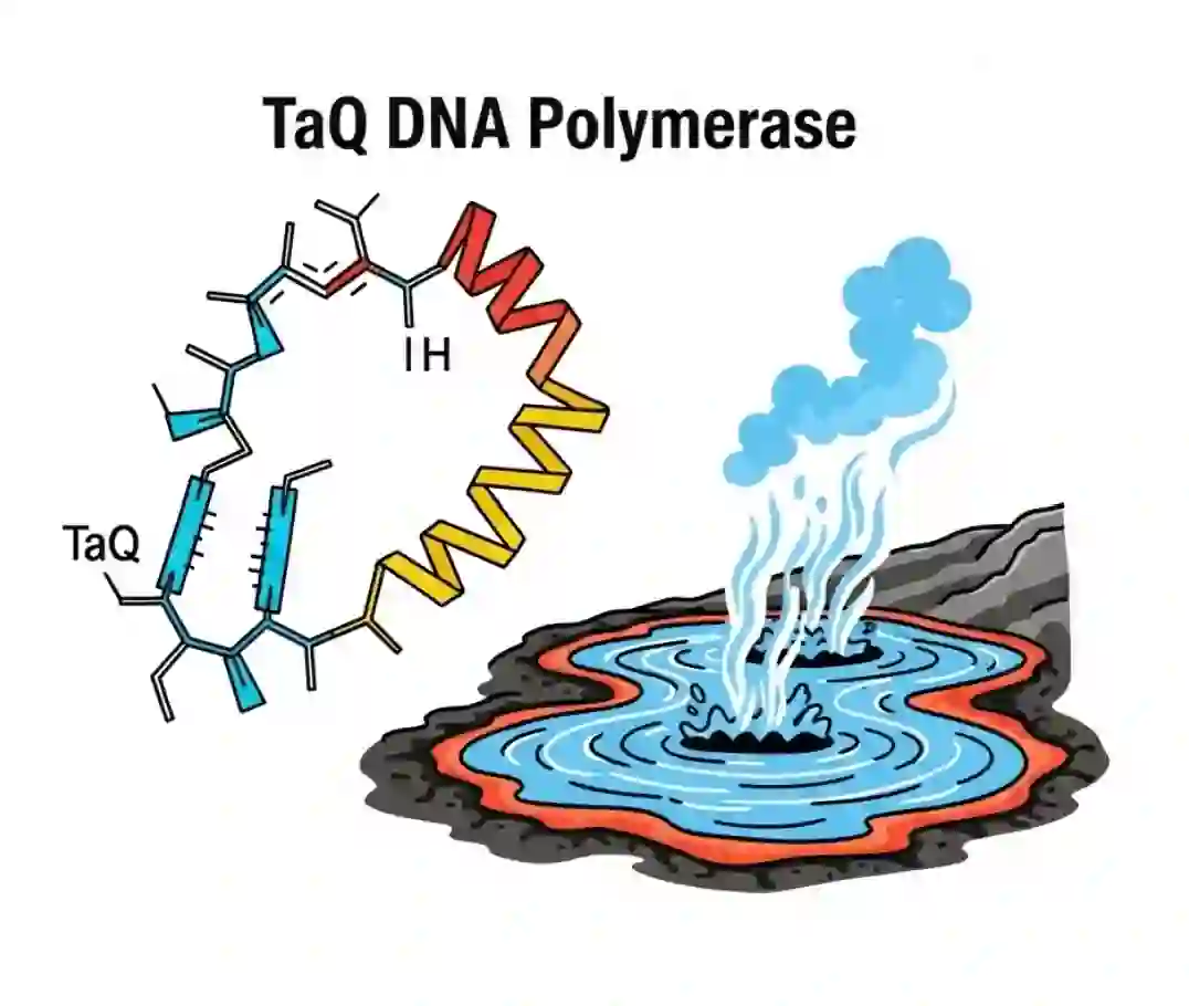 شماتیک آنزیم Taq DNA پلیمراز در کنار یک چشمه آب گرم، نمادی از منشأ ترموفیلیک (گرما دوست) این آنزیم پرکاربرد در PCR.