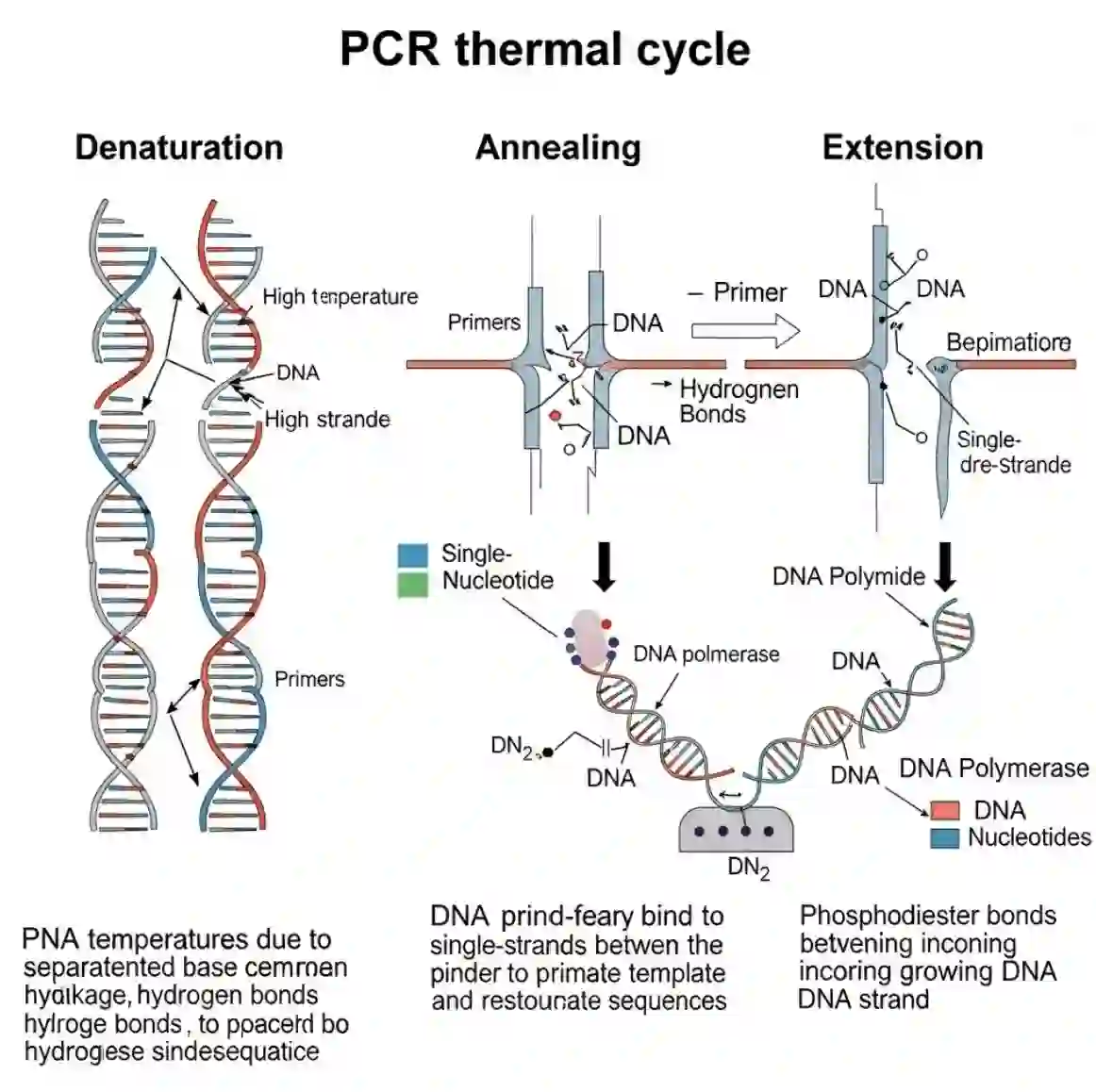 شماتیک چرخه حرارتی PCR شامل مراحل دناتوراسیون (جدا شدن رشته‌ها)، اتصال (Annealing پرایمرها به DNA) و طویل شدن (Extension سنتز رشته جدید DNA) با جزئیات تشکیل پیوندهای مولکولی.