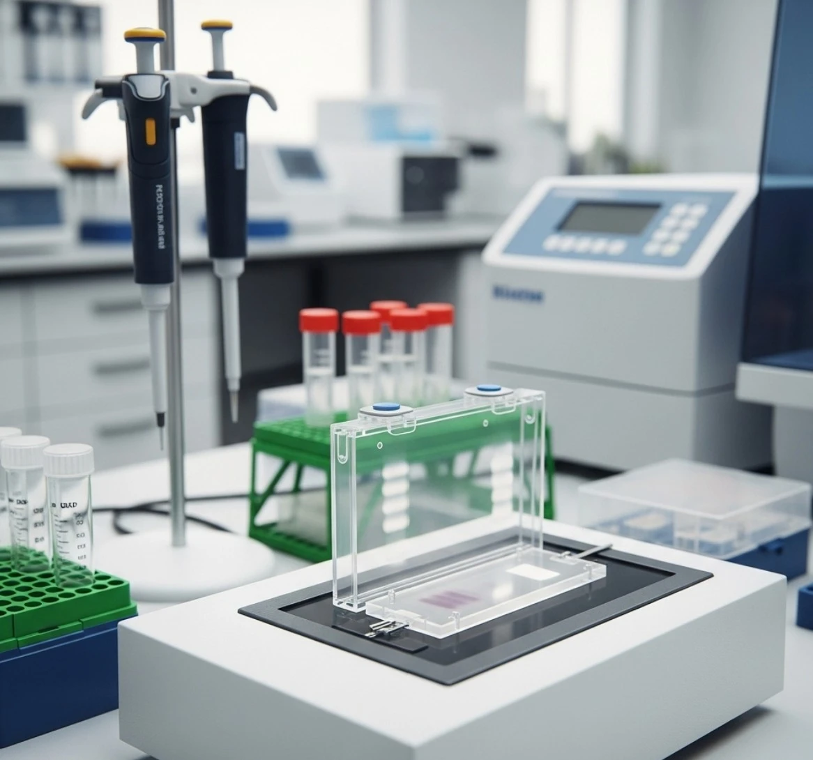 ژل الکتروفورز PCR خالی از باند در محیط آزمایشگاهی، همراه با تجهیزات آزمایشگاهی مانند پیپتها و لولههای میکروفیوژ، نشاندهنده مشکل عدم تشکیل باند در واکنش PCR.
