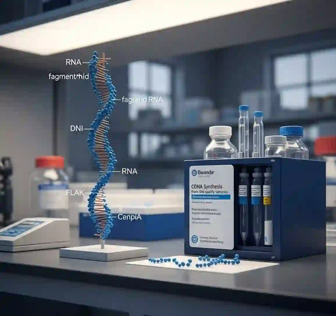 مدل سه بعدی رشته RNA تخریب شده در کنار کیت تخصصی سنتز cDNA برای نمونههای چالشبرانگیز در محیط آزمایشگاهی، نمادی از راهکارهای عملی برای RNA با کیفیت پایین.