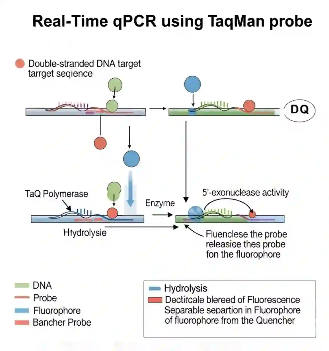شماتیک عملکرد Real-Time qPCR با استفاده از پروب TaqMan، شامل اتصال پروب به DNA هدف، هیدرولیز پروب توسط آنزیم Taq پلیمراز و رهاسازی فلوروفور.