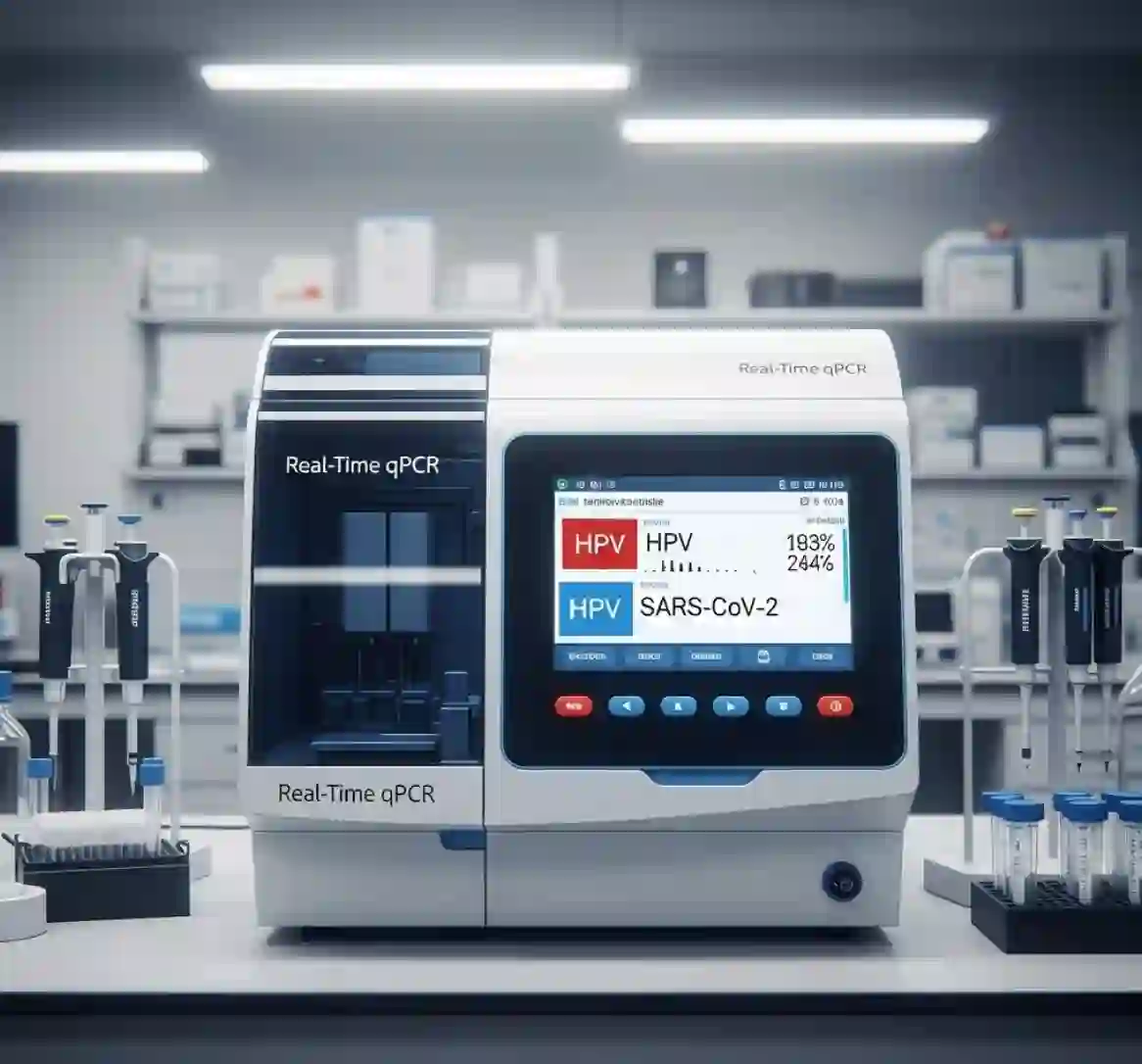 دستگاه Real-Time qPCR در آزمایشگاه با نمایشگر نشان‌دهنده نتایج مثبت برای ویروس‌های HPV و SARS-CoV-2، نمادی از تشخیص سریع و دقیق ویروسی.