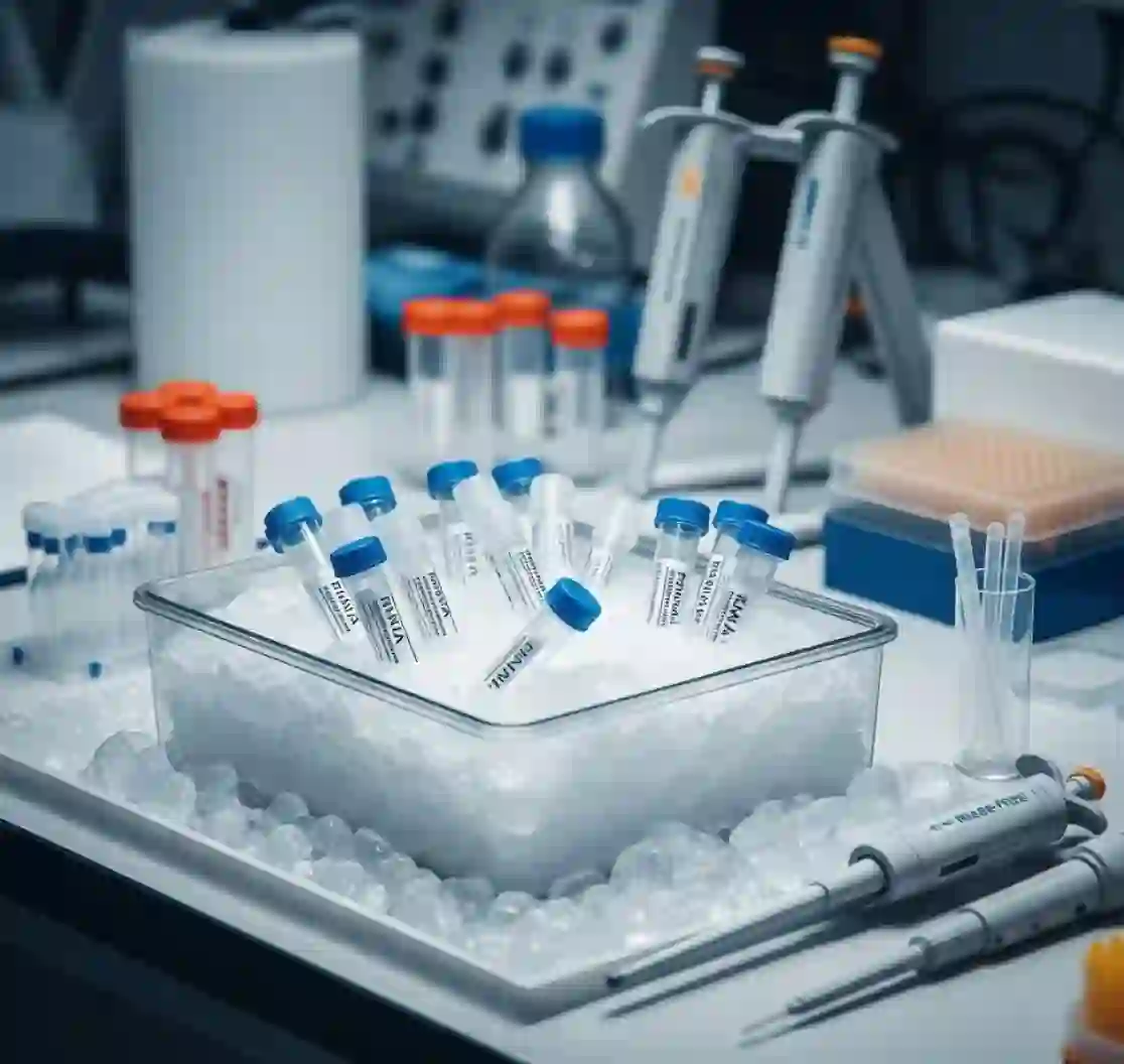 نمونههای RNA در ویالهای کرایوژنیک روی یخ در یک میز کار آزمایشگاهی استریل، با لولهها و پیپتهای عاری از RNase، نشاندهنده حفظ یکپارچگی و کیفیت RNA.
