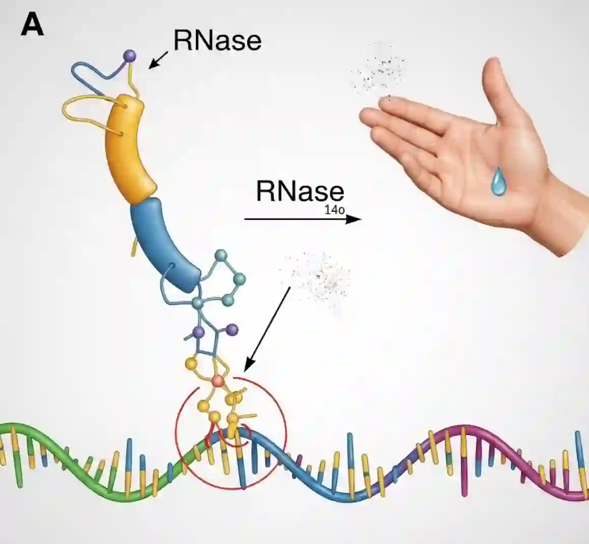 شماتیک آنزیم RNase در حال حمله به رشته RNA و تجزیه آن به قطعات کوچک‌تر، با نمادهایی از دست انسان، ذرات غبار و قطره عرق برای نشان دادن منابع آلودگی.