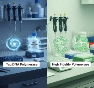 مقایسه بصری Taq DNA پلیمراز (با نماد سرعت و کارایی) و High Fidelity پلیمراز (با نماد دقت و صحت) در محیط آزمایشگاهی، برای انتخاب آنزیم مناسب در PCR.