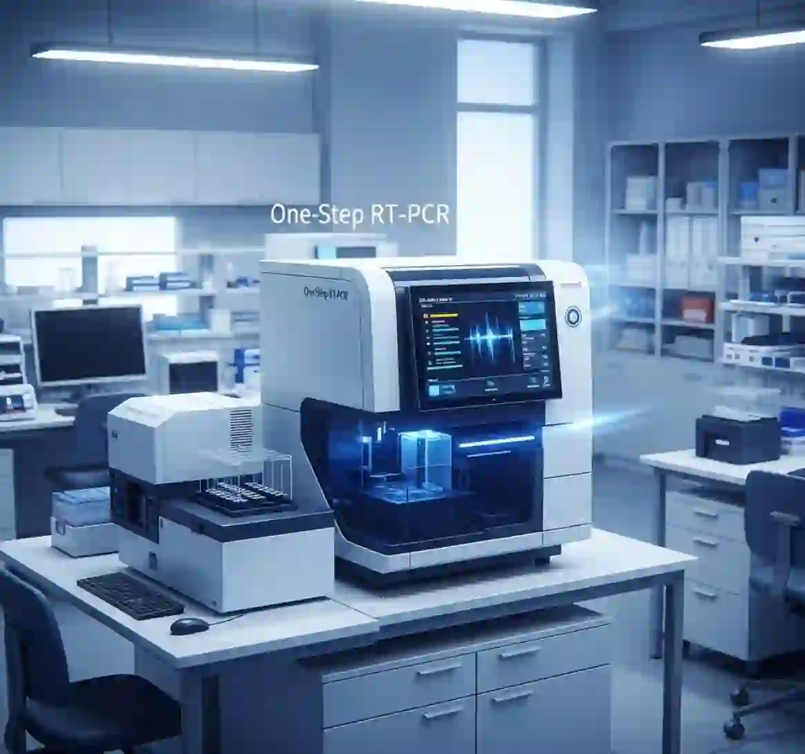 دستگاه One-Step RT-PCR در یک آزمایشگاه مدرن، با نمایشگر نشاندهنده نتایج، نمادی از تشخیص سریع، دقیق و کارآمد بیماریها.