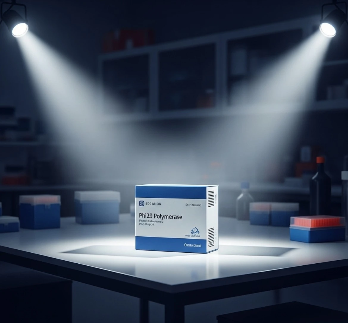 یک جعبه محصول آنزیم Phi29 Polymerase در زیر نورافکن‌ها روی میز آزمایشگاه، نمادی از یک خبر علمی مهم یا معرفی محصول جدید در حوزه زیست‌فناوری.