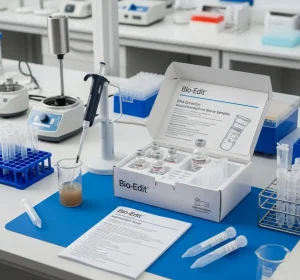 تجهیزات یک کیت استخراج DNA، شامل معرف‌ها، لوله‌ها، پیپت و نمونه بافت در یک آزمایشگاه.